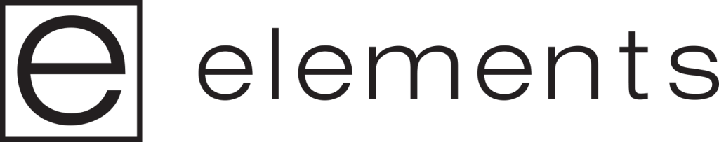 Elements logo on dark background, modern sans-serif wordmark with “e” icon