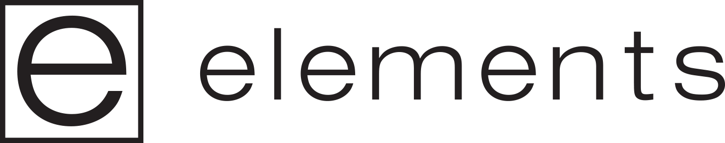 Elements logo on dark background, modern sans-serif wordmark with “e” icon