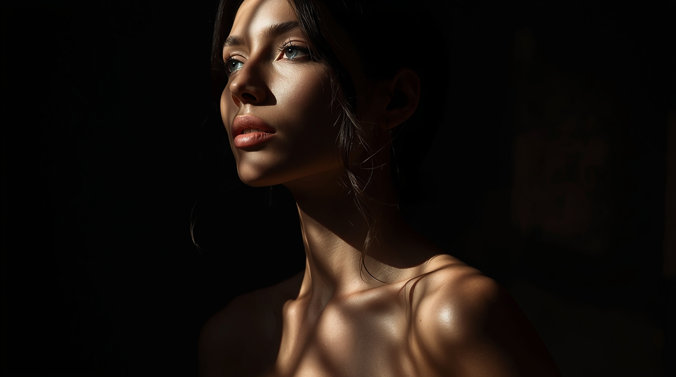 Moody portrait of a woman with long dark hair in low-key lighting, bare shoulders against a dark background