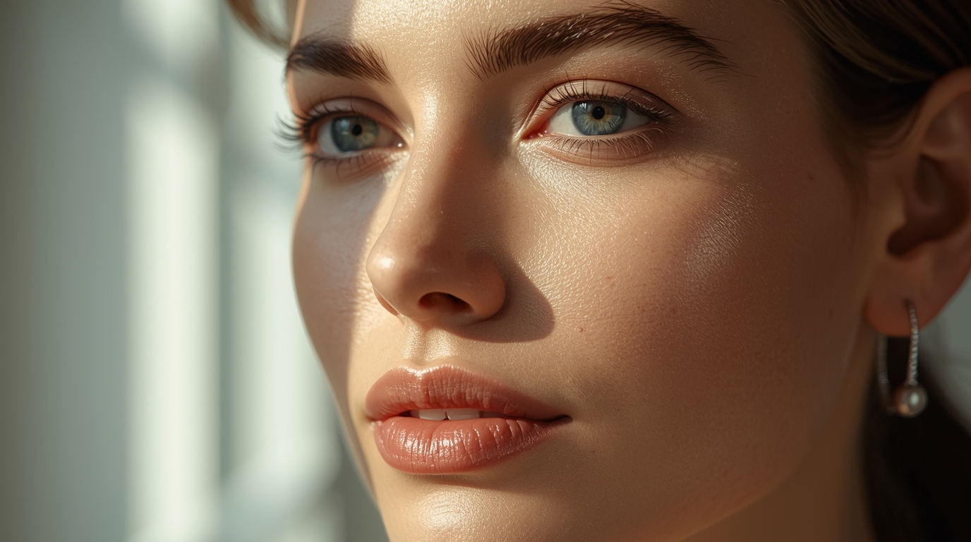 Close-up of a woman’s face with blue eyes, natural makeup, and soft sunlight on her skin