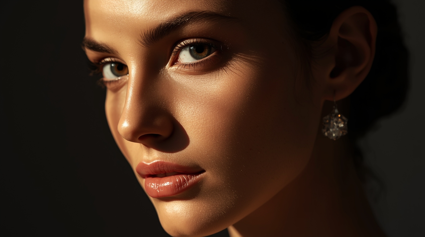 Close-up of a woman’s face with blue eyes and diamond earring, dramatic warm lighting and makeup.