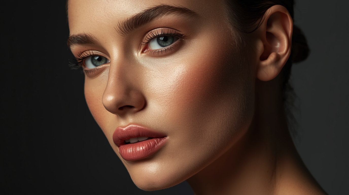 Close-up of a woman’s face with blue eyes and glossy makeup, dark background, beauty portrait