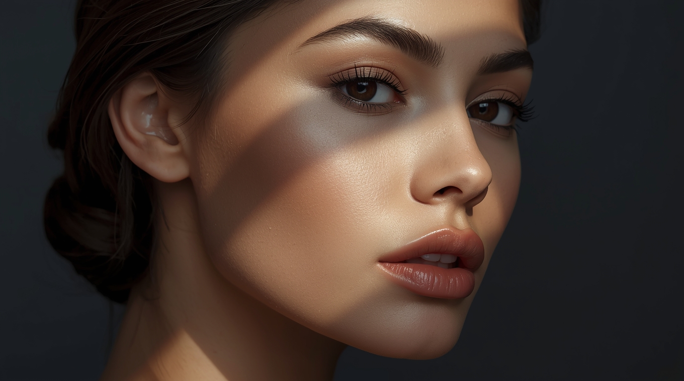 Close-up portrait of a woman with glam makeup and styled hair, blue eyes and defined lashes against a dark background