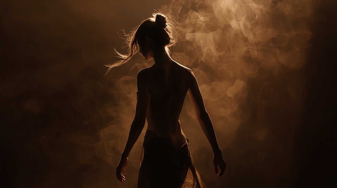 Silhouetted woman standing in warm golden smoke, backlit with soft dramatic lighting