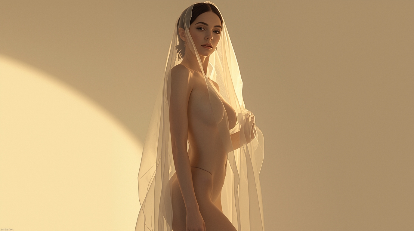 Bride-to-be model posing in sheer white veil and satin dress, backlit in warm golden light