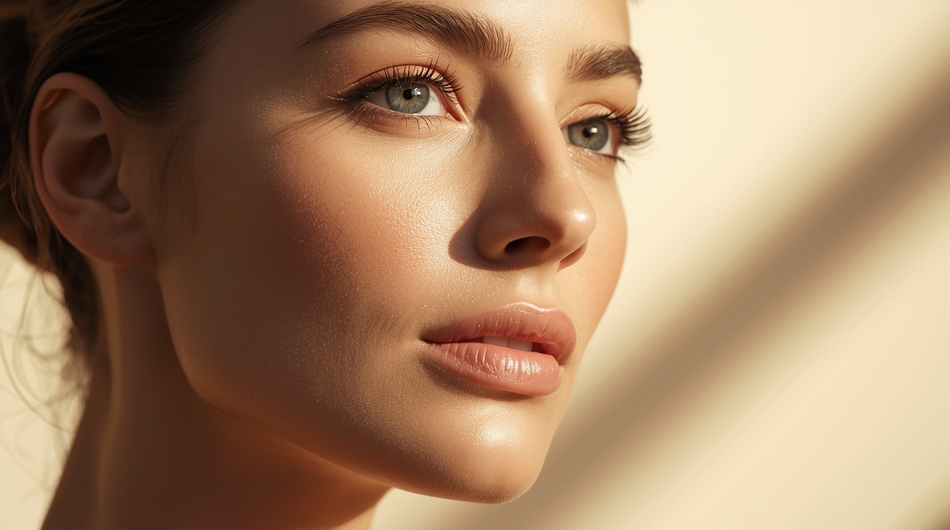 Close-up portrait of a woman with golden makeup, defined eyeliner, and glossy lips in soft light