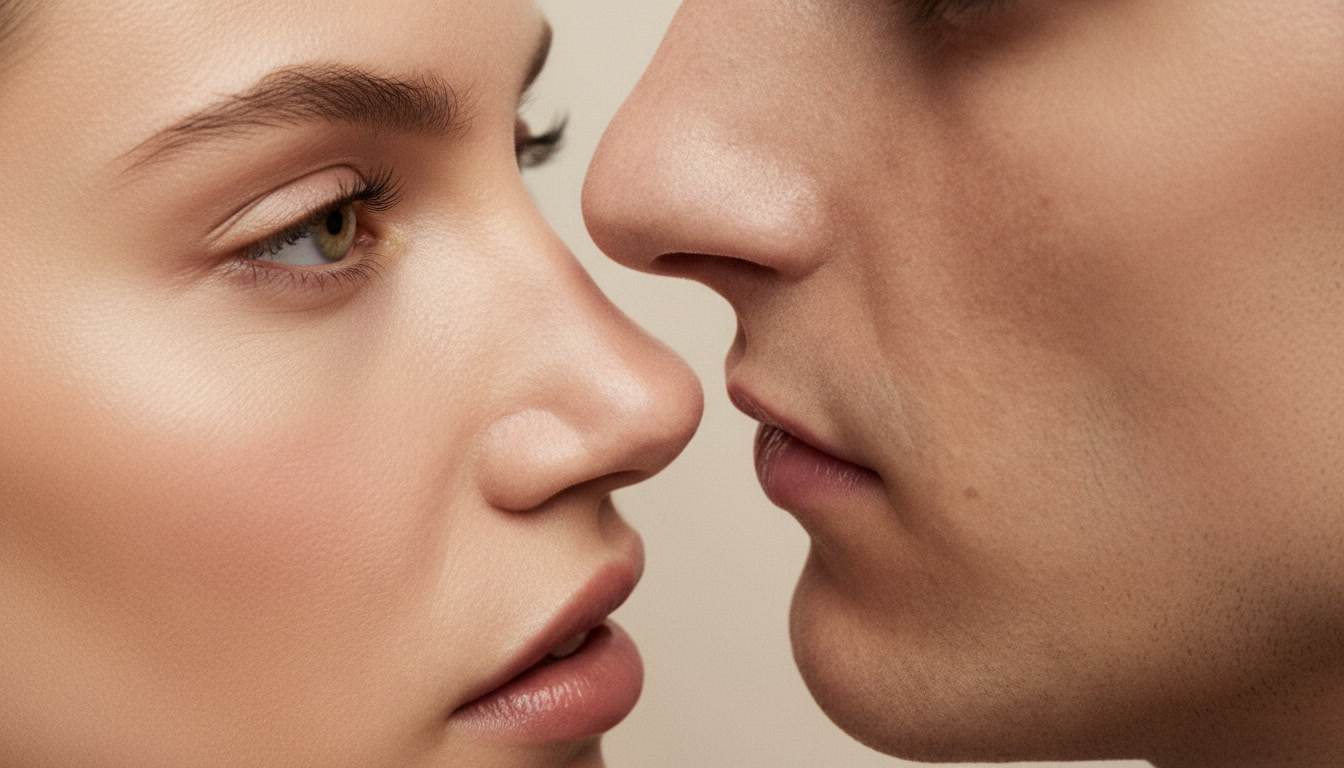 Side-by-side nose profiles of two people illustrating revision rhinoplasty results before and after
