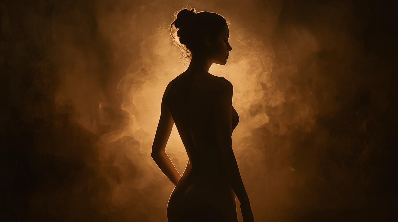 Silhouette of a woman standing in warm golden haze, cinematic portrait lighting