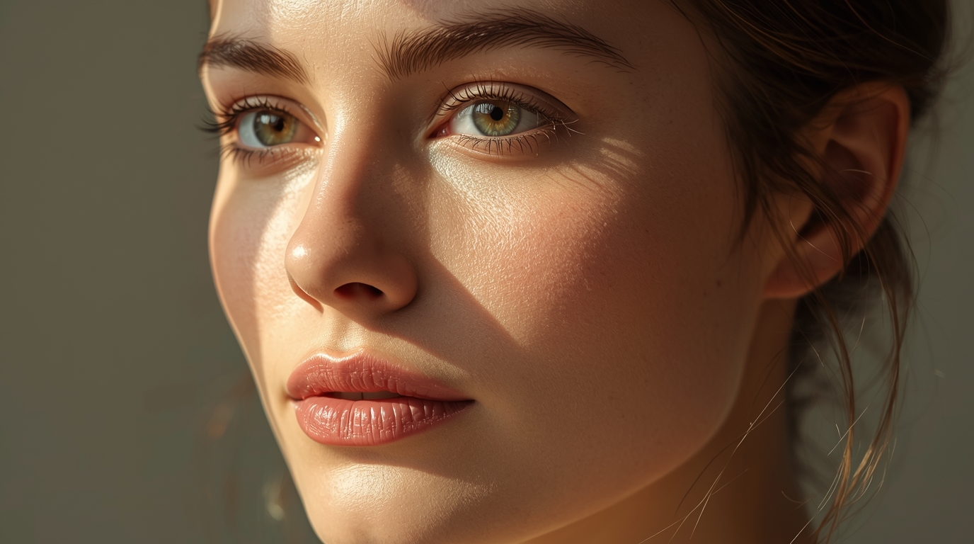 Close-up of a woman’s face with green eyes and soft natural makeup in warm sunlight.