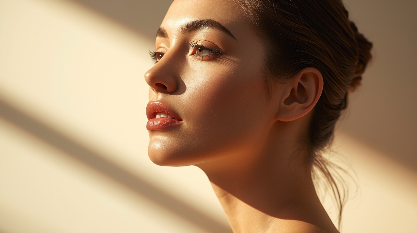 Close-up portrait of a woman’s face with glossy makeup, lit by warm sunlight and deep shadows