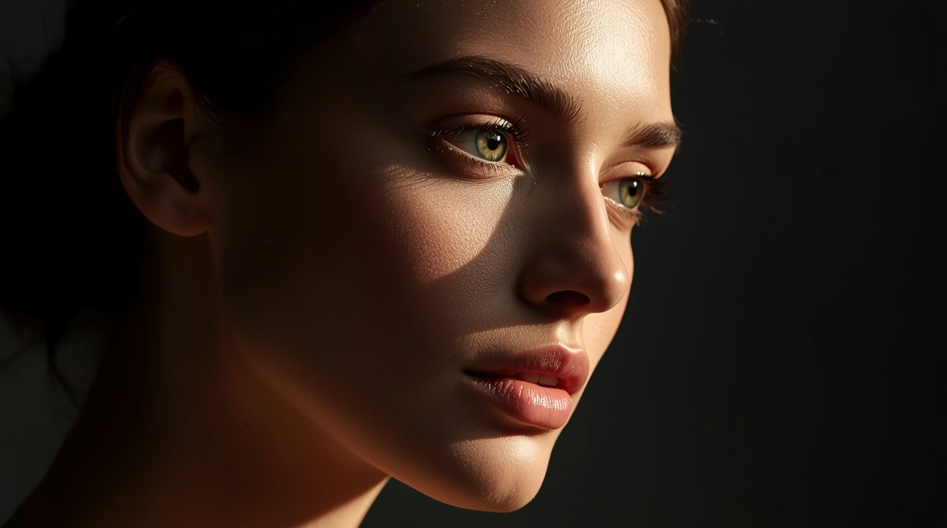 Close-up of a woman’s face with green eyes, dramatic side lighting, and soft studio makeup.