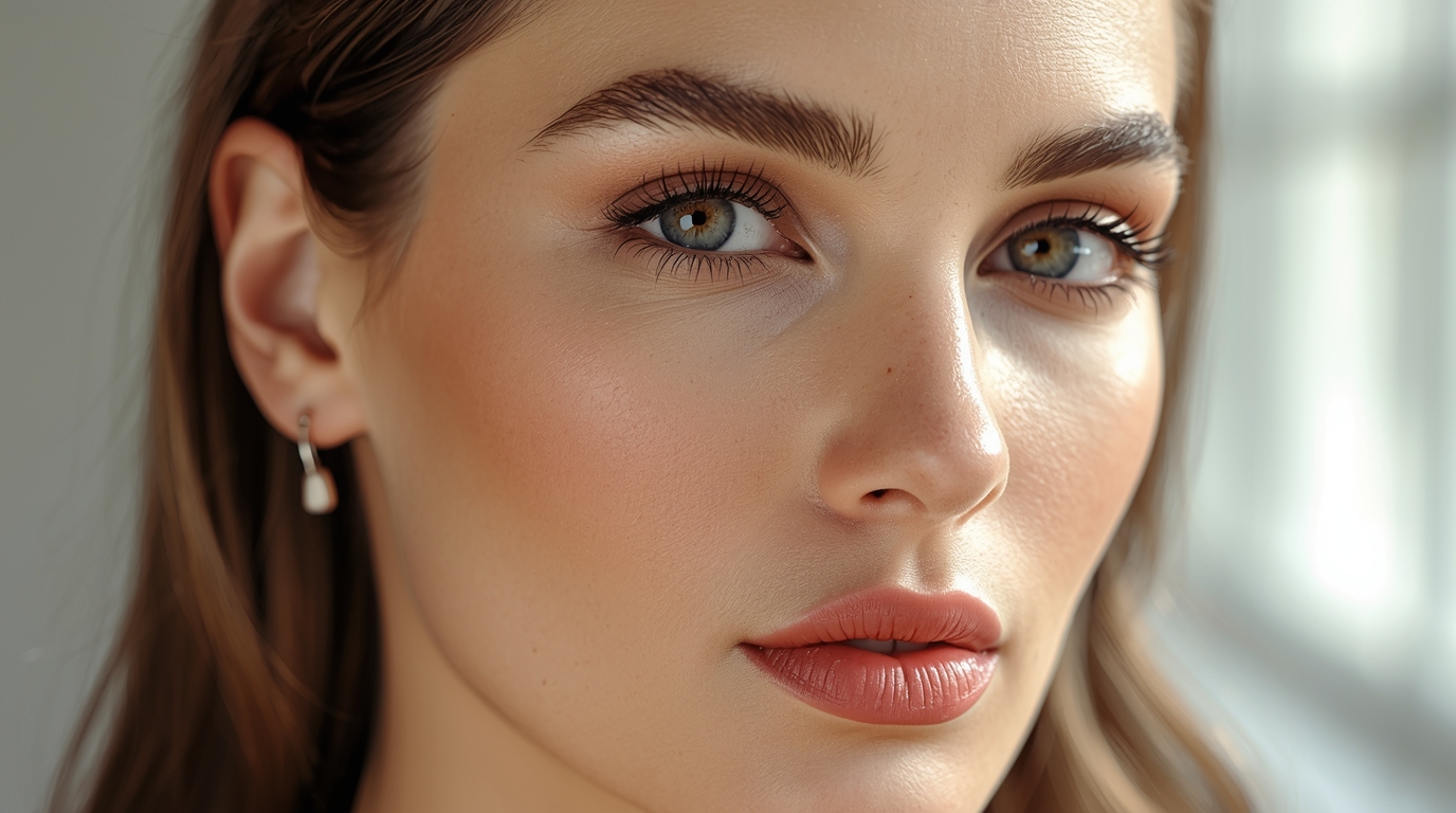 Close-up portrait of a woman with winged eyeliner and natural makeup, blue eyes looking at camera