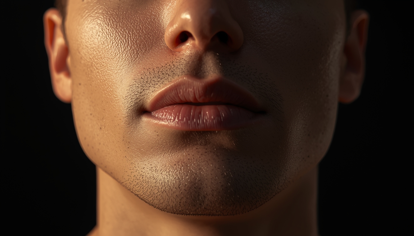 Close-up of a man’s face with stubble and serious expression in dramatic low-key lighting