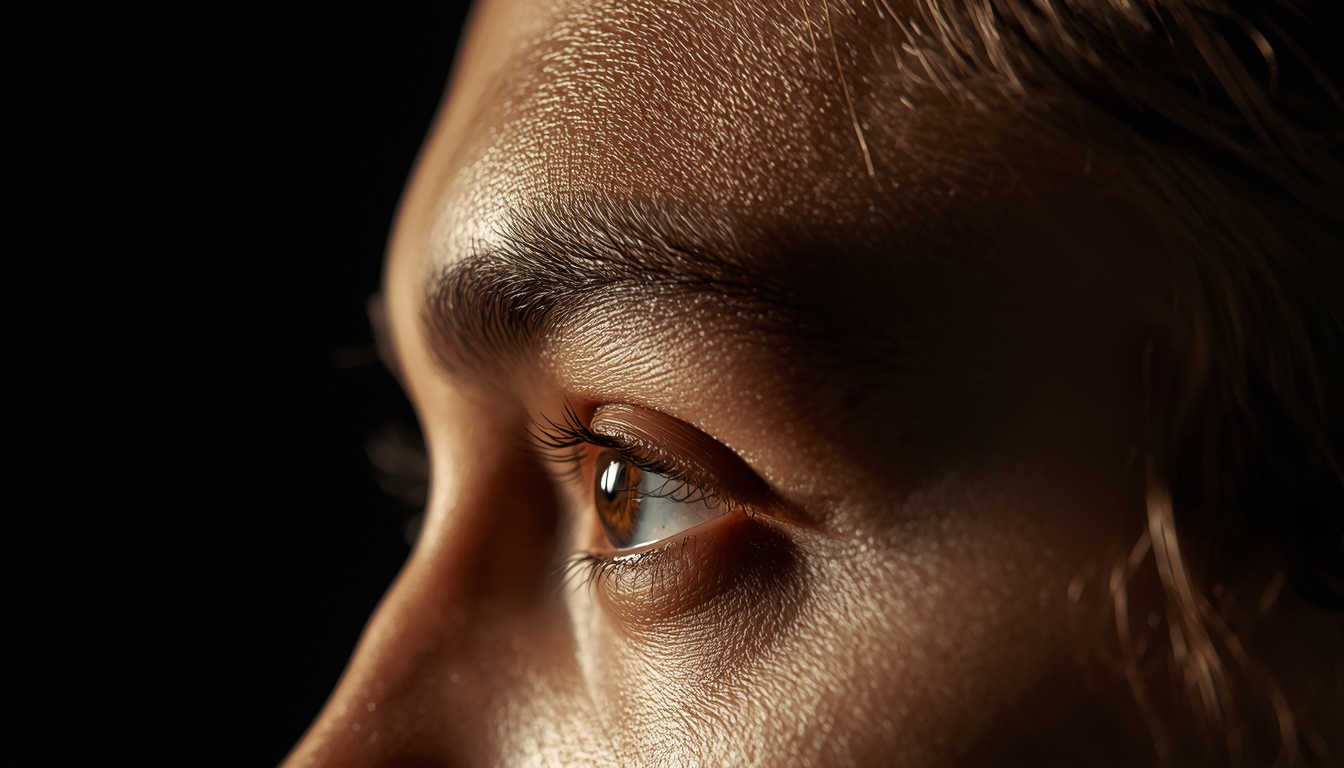 Close-up of woman’s eye with realistic eyelashes and golden skin lighting, dark background, beauty portrait