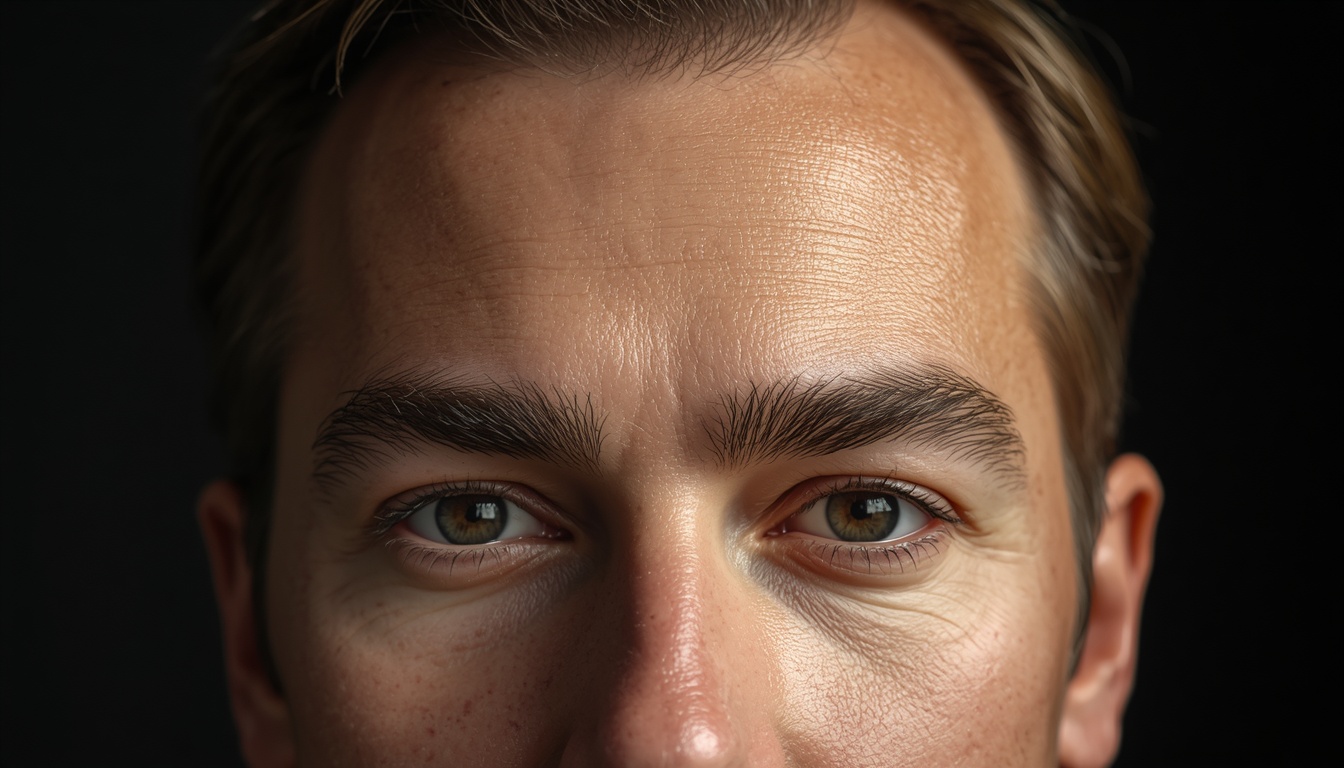 Forehead skin contouring before-and-after close-up showing forehead lines and brow area under soft light