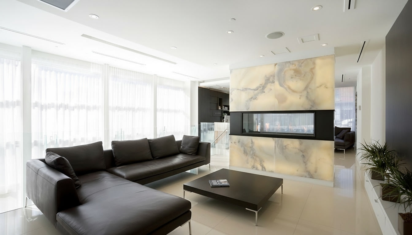 Modern office lobby with marble accent wall, black sofa and glass conference display.