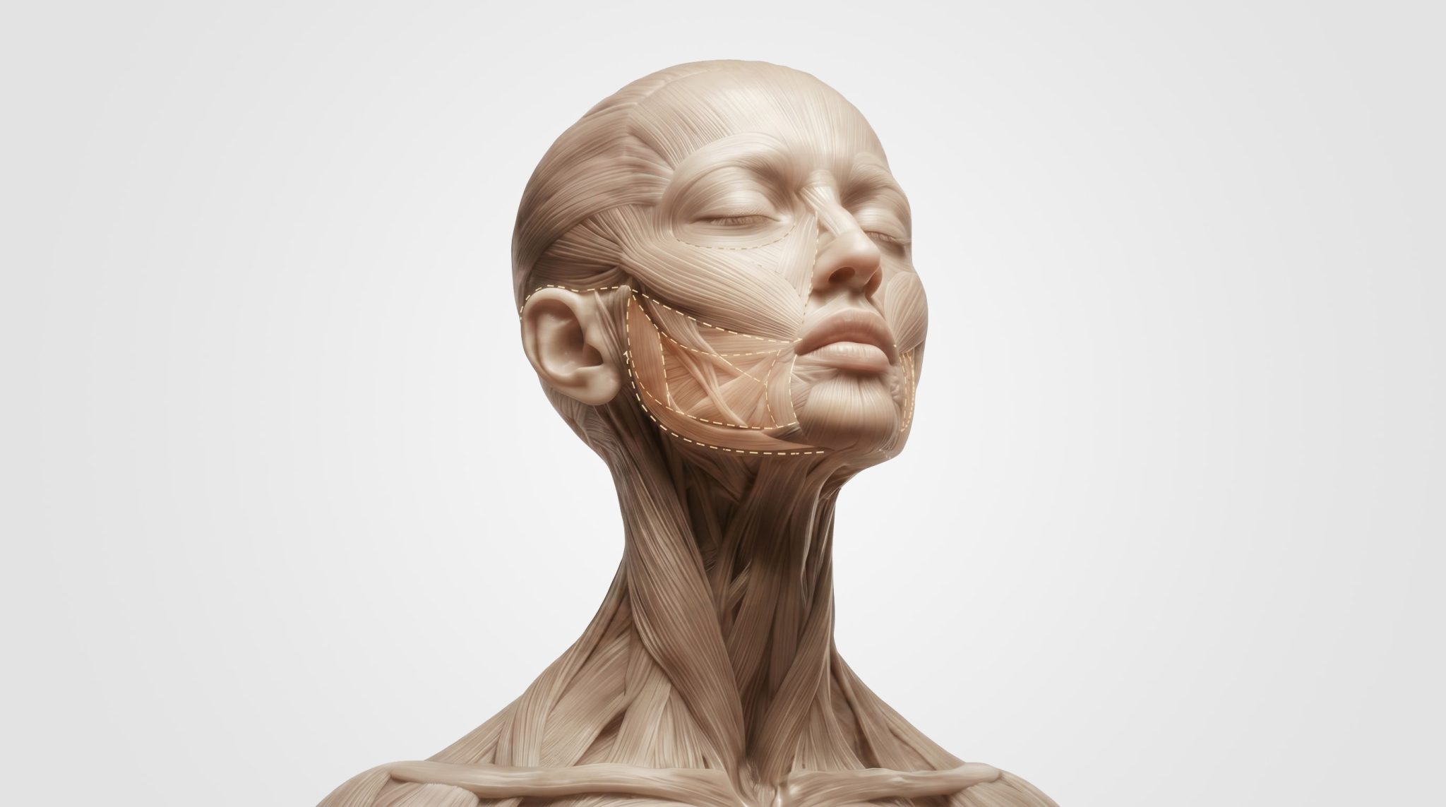 Anatomical model showing deep plane facelift layers in the face and neck with muscle and skin structure