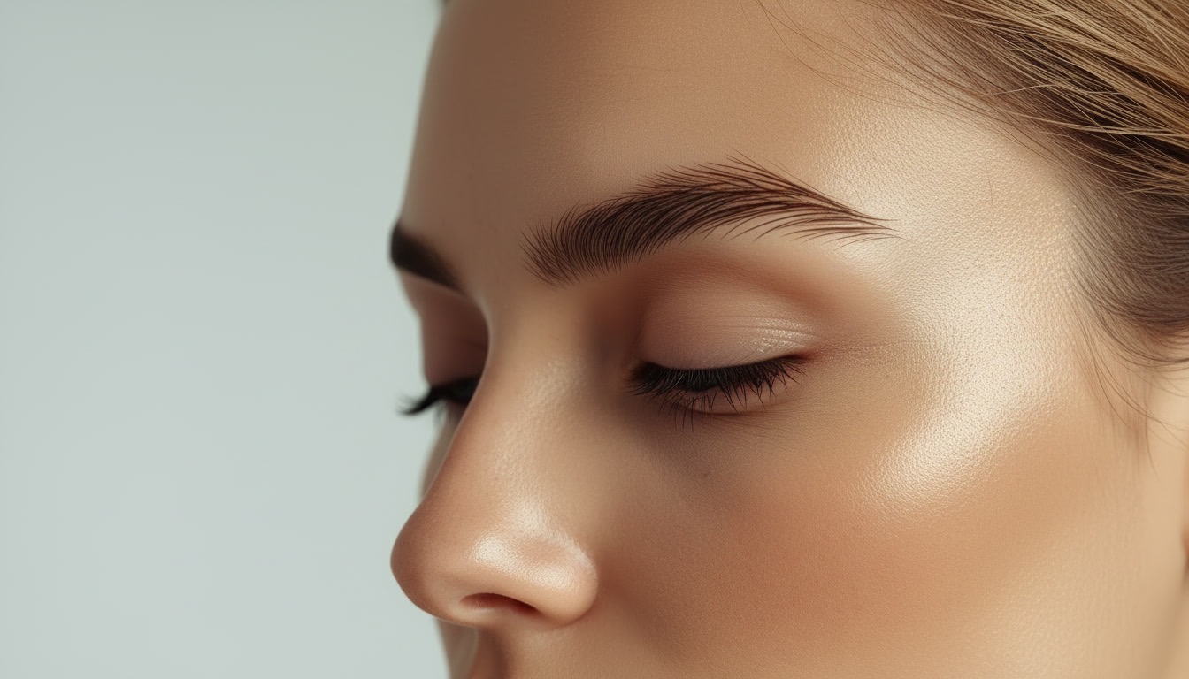 Close-up of woman’s eye with defined eyebrow and eyelash makeup on smooth skin, soft studio lighting