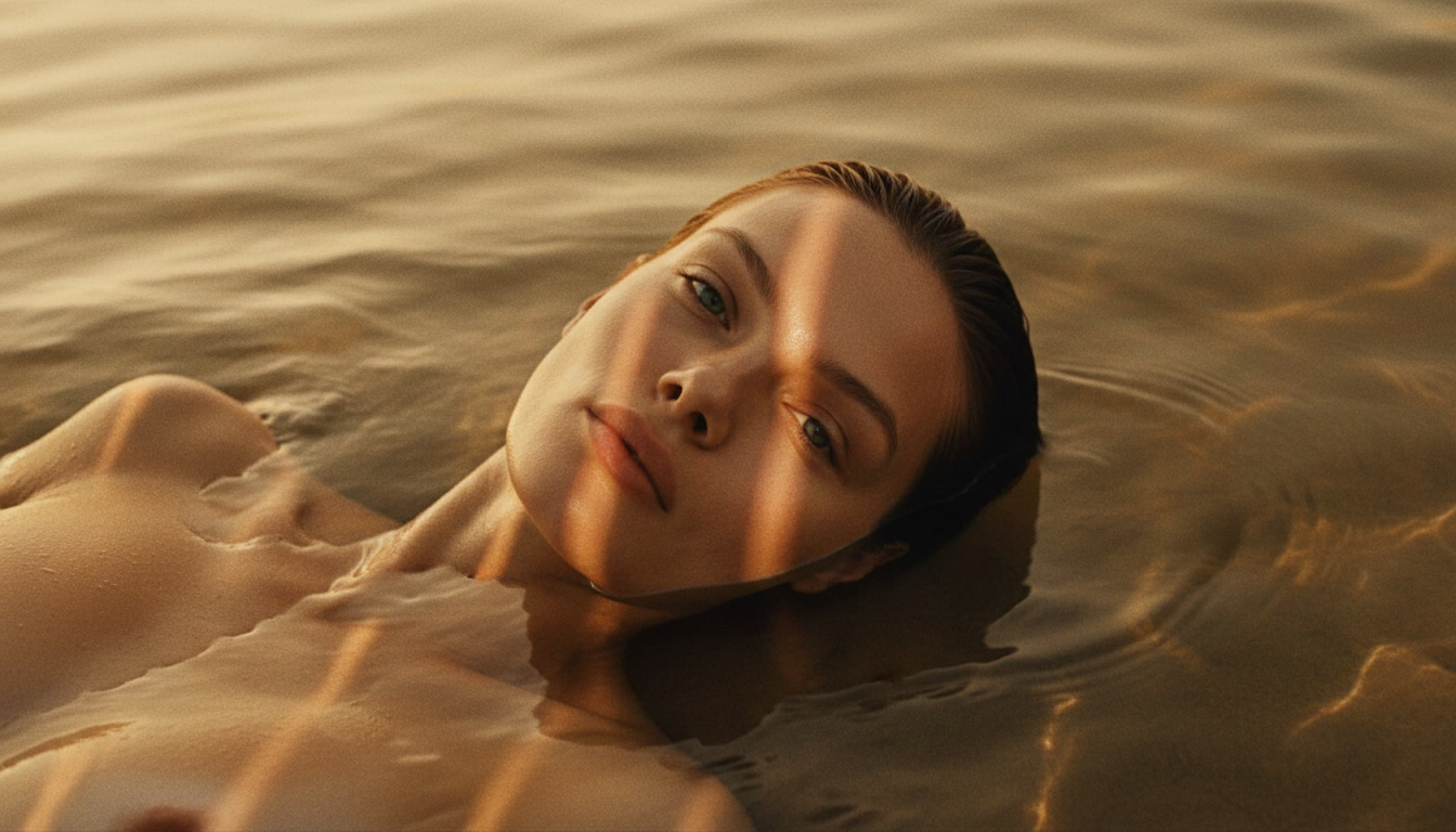 Woman’s face close-up showing chin and cheekbone definition in warm water