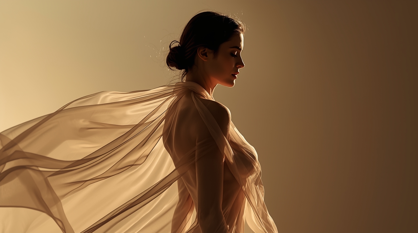 Elegant silhouette with flowing fabric.