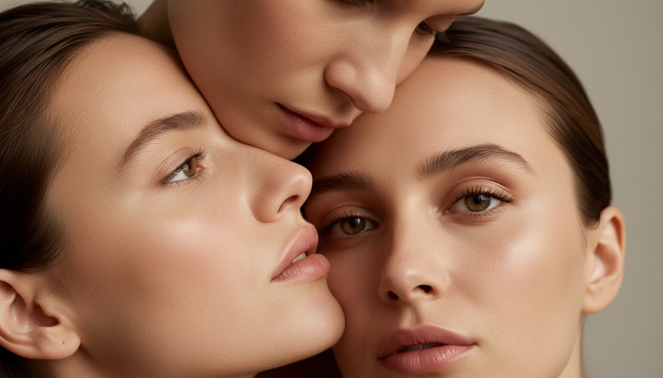 Close-up of women with smooth, youthful skin, faces close together for a cosmetic rejuvenation feel