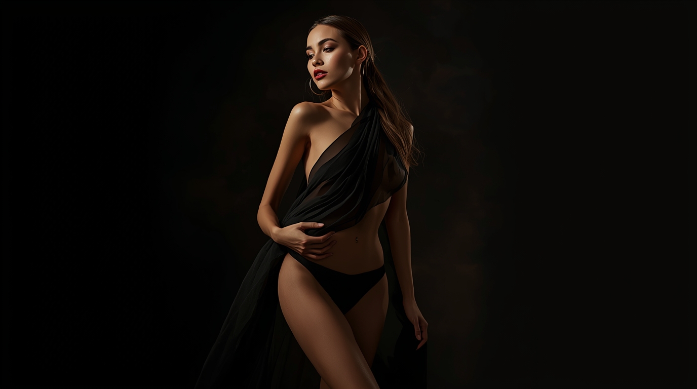 Elegant figure draped in black fabric.